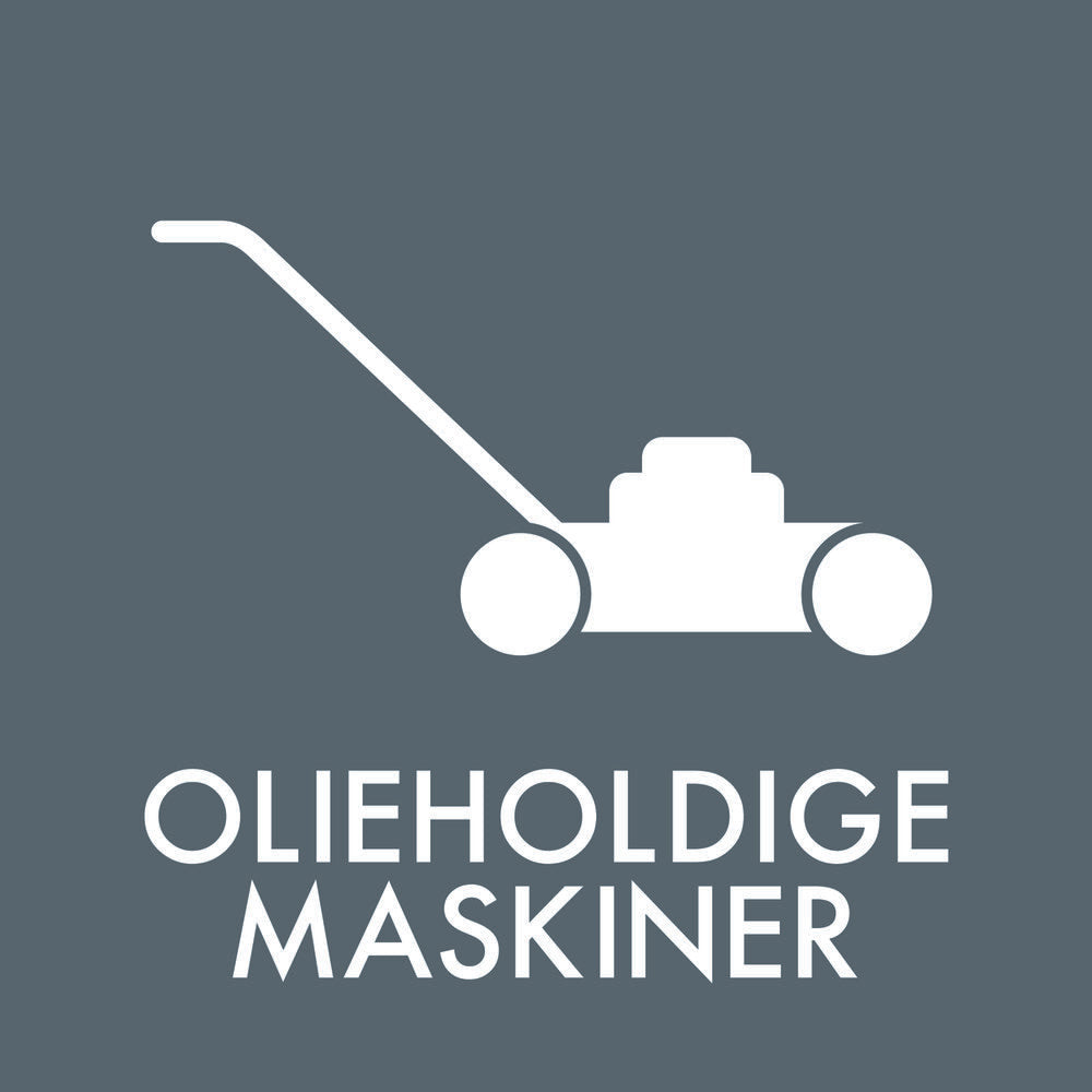 Silhuet af plæneklipper på grå baggrund med teksten "OLIEHOLDIGE MASKINER" i hvid.