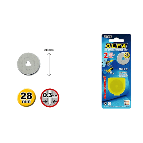 Olfa klinger til Rollercutter, 28 mm diameter, 0,3 mm tykkelse, i en blå og gul emballage.