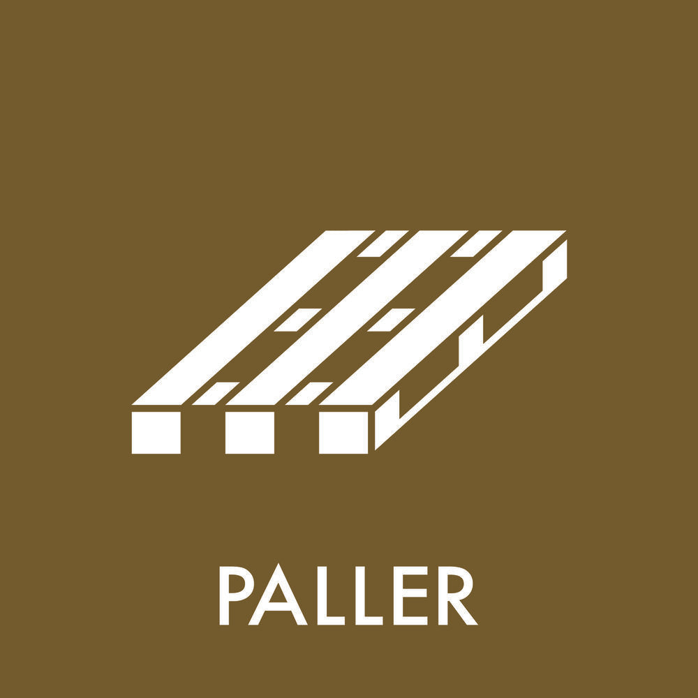 Hvid illustration af en palle på brun baggrund med teksten "PALLER" nedenunder.
