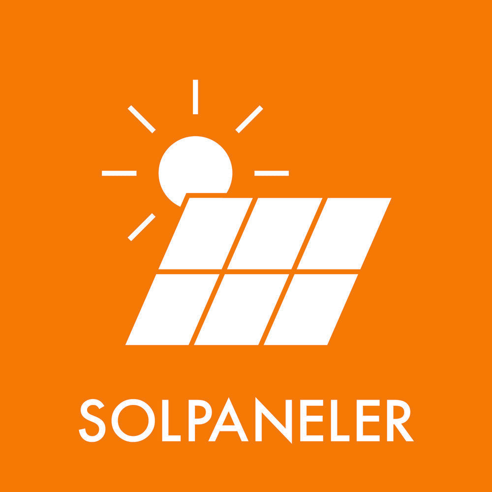 Orange baggrund med sol og solpanelgrafik. "SOLPANELER" står i hvid tekst nedenunder.