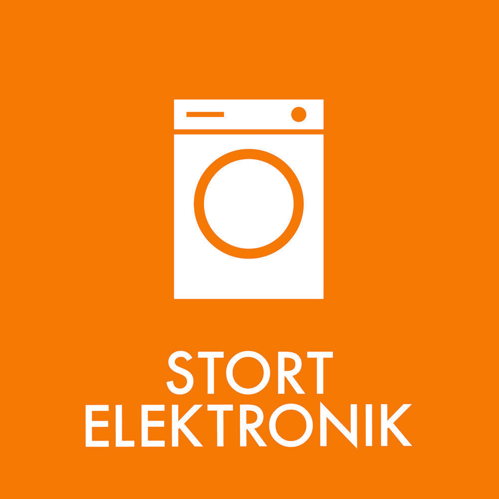 Orange sticker med hvid vaskemaskine grafik og teksten "STORT ELEKTRONIK" i hvid nedenunder.