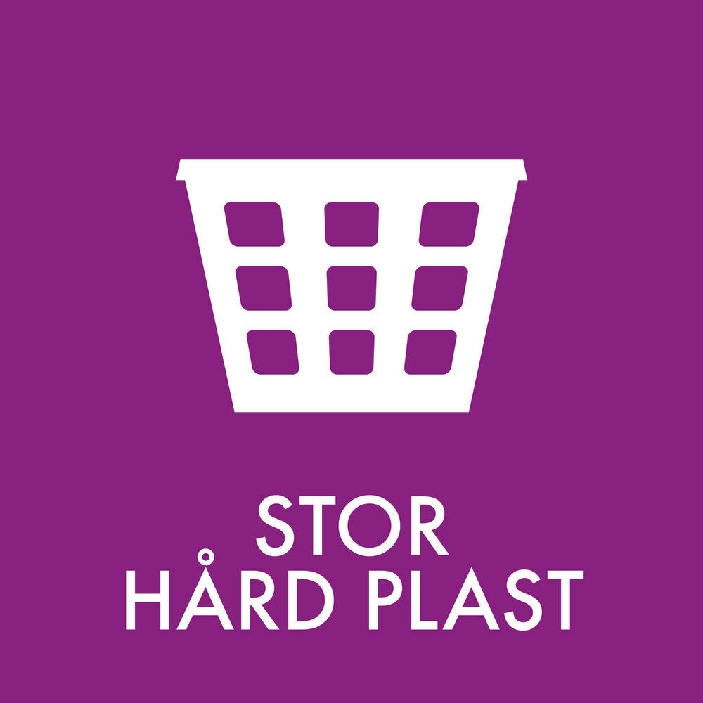 Lilla baggrund med hvidt ikon af affaldskurv og teksten "STOR HÅRD PLAST" i hvid.