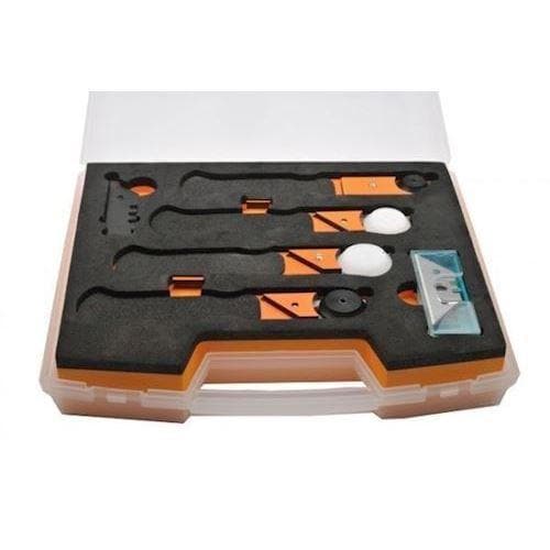 SasserCut Pro Sæt i etui: tre skæreværktøjer i skumindlæg med håndtag og blade.