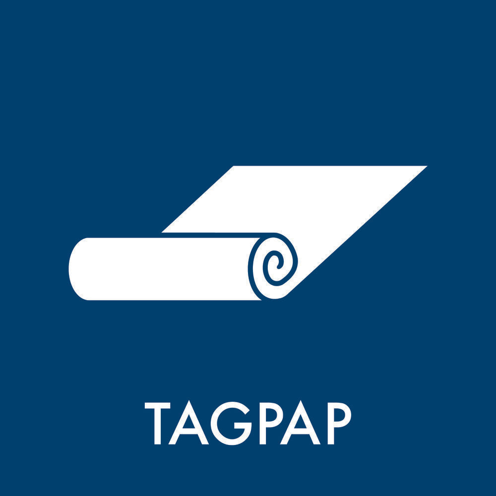 Grafisk rullet materiale på blå baggrund med teksten "TAGPAP" nedenunder.