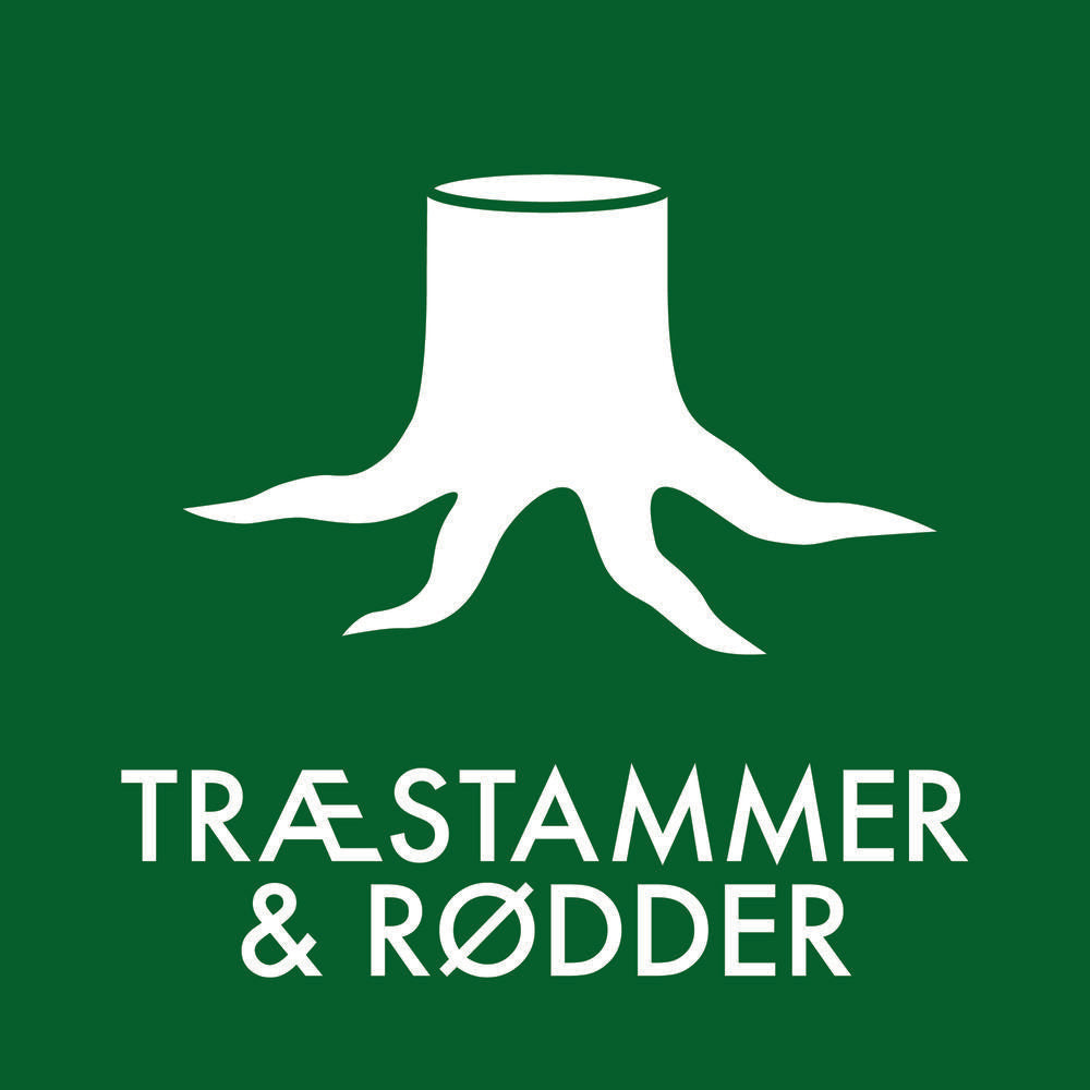 Hvidt træstub-grafik og rødder på grøn baggrund, teksten "TRÆSTAMMER & RØDDER" vises i hvid.