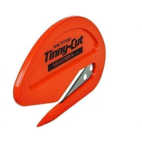 Orange skæreværktøj "TinnyCut" med synlig klinge, kompakt og ergonomisk design.