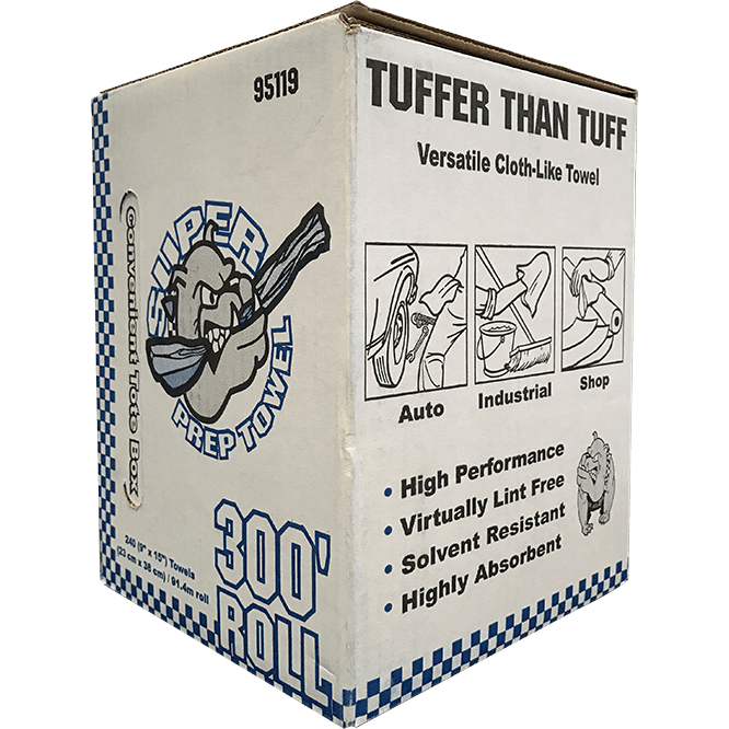 Kasse med "Tuffer Than Tuff" klud. 300' rulle, fnugfri, høj ydeevne, høj sugeevne.
