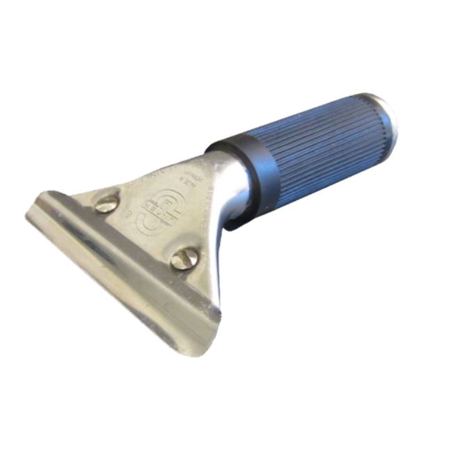 Håndtag med metalbase, to synlige skruer og rillet greb for bedre kontrol.