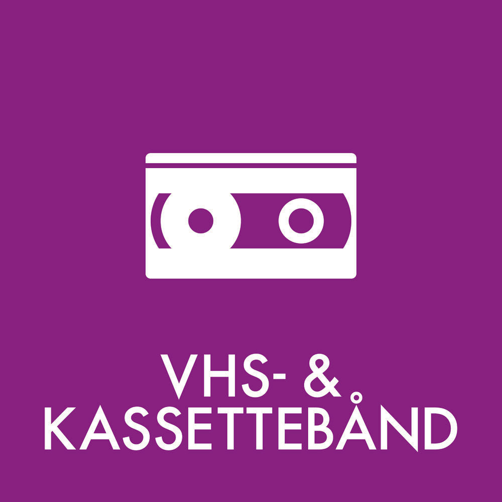 Ikon af VHS-bånd på lilla baggrund med teksten "VHS- & KASSETTEBÅND" nedenunder.