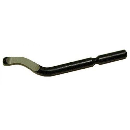 Sort metalværktøj med buet, skarp kant til præcisionsarbejde. Ergonomisk håndtag for bedre greb.