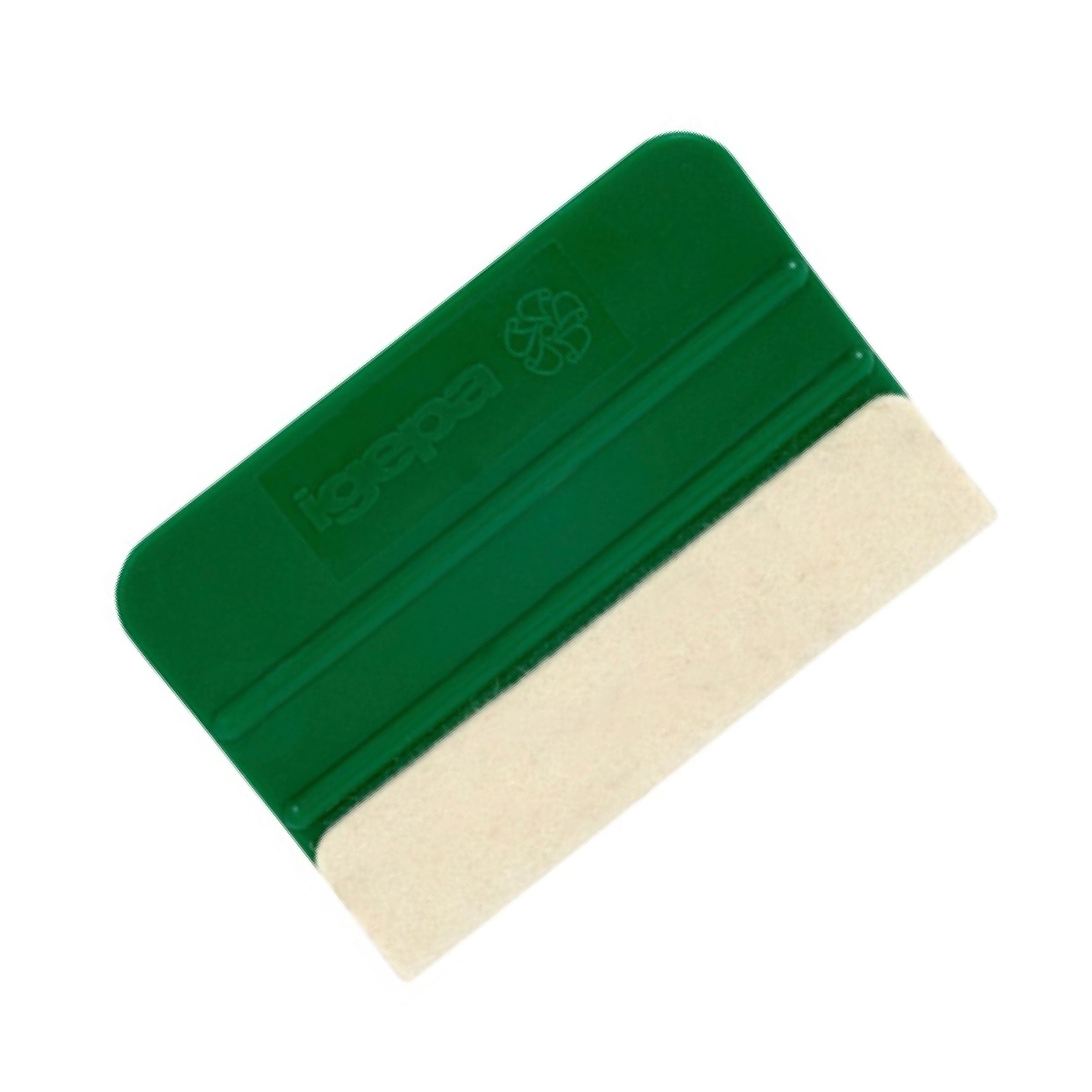 Skraber med grønt plastikhus, hvid filt kant og "igepa" logo præget på overfladen.