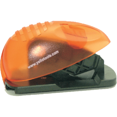 Ergonomisk skæreværktøj med orange top og sort bund, logo synligt på siden.